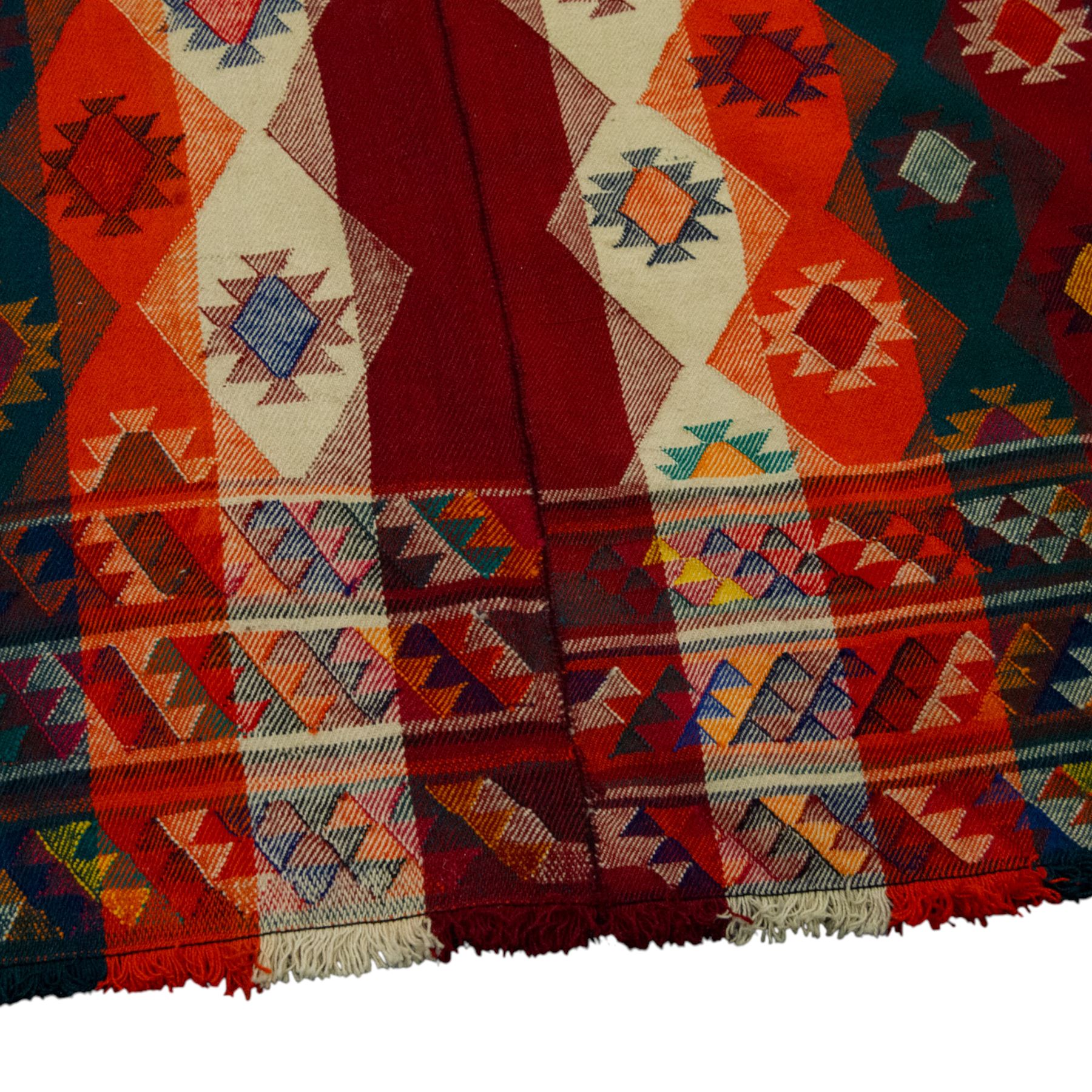 Southwestern Persian Jajim kilim, flat woven in bold bands of crimson, orange, cream, and indigo, decorated with rows of hooked diamond and star motifs 