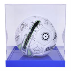 Sondico football signed at the Den by the Millwall football team December 2012, contained within a Perspex display case