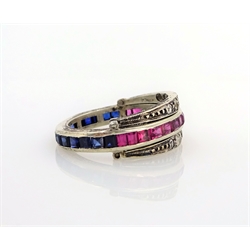  Early 20th century white gold diamond, ruby and sapphire night and day swivel eternity ring stamped 9ct  