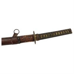 Japanese Army Officers Gunto Sword,  with 64cm steel single edged blade, bronze tsuba and wrapped fish skin grip, in leather scabbard overall L87cm