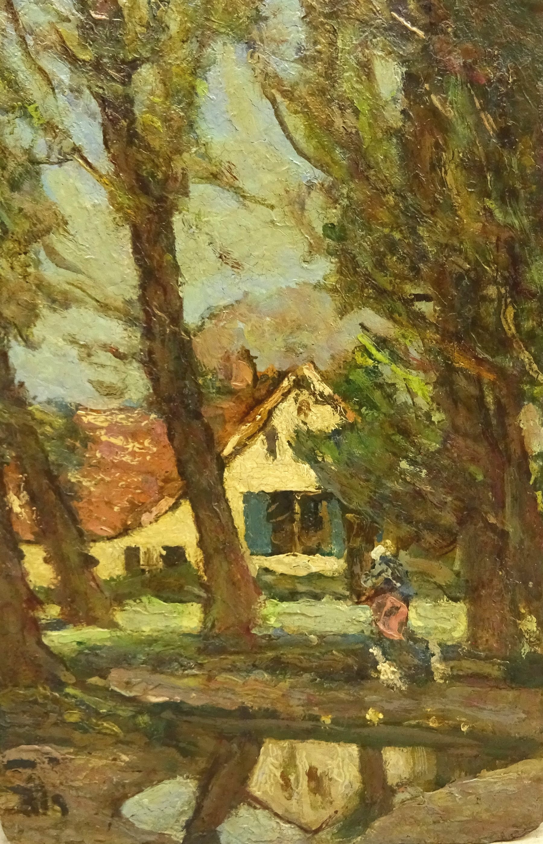 William (Fred) Frederick Mayor (Staithes Group 1866-1916): Rural Cottages Montreuil?, oil on French artist's board signed with initials, figurative sketch verso 30cm x 19cm (unframed)