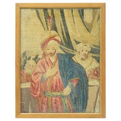 Set of five Victorian petit point needlework samplers, depicting various religious and continental scenes, framed, largest including frame 63cm x 56cm (5)