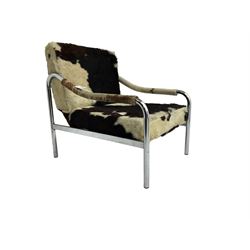 Tim Bates for Pieff - 1970s 'Beta' armchair, chrome frame with leather seat pad, the loose cushions and arms upholstered in tricolour cow hide