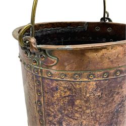 19th century riveted copper and brass mounted coal bucket of cylindrical form 
