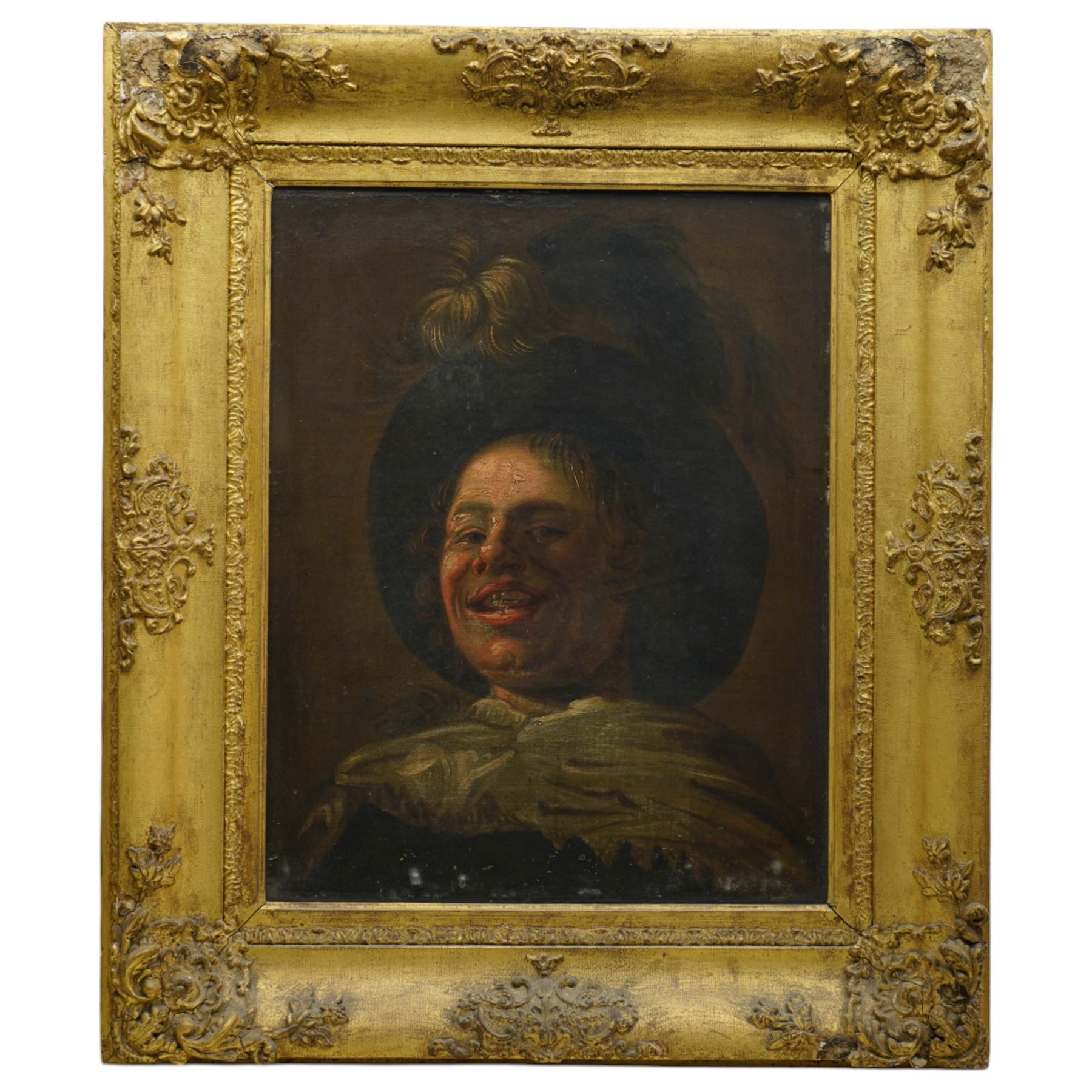 Follower of Frans Hals (Dutch c.1580-1666): Head and Shoulders Portrait of a Laughing Boy in Cavalier Hat, 18th century oil on canvas unsigned 53cm x 42cm