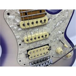 Canadian Godin SD electric guitar in two-tone purple/white with bird's eye maple neck and tremolo, serial no.98455463, L100cm overall; in soft carrying case.