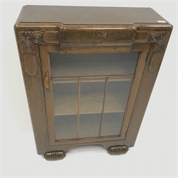 Early 20th century narrow oak bookcase display cabinet, single door enclosing two shelves, W77cm, H106cm, D32cm