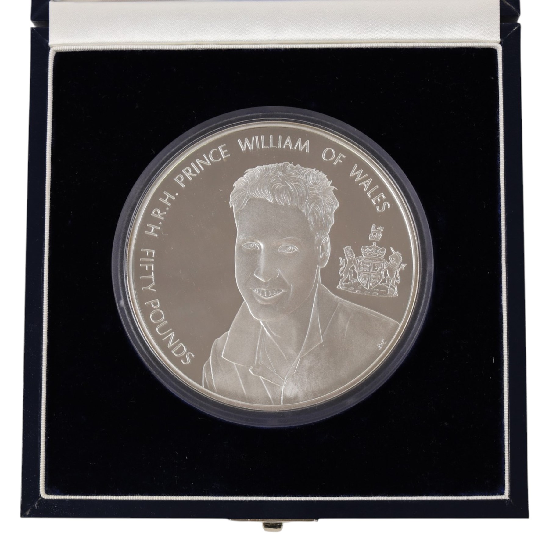 The Royal Mint Alderney 2003 'His Royal Highness Prince William of Wales 21st Birthday' one kilogram fine silver fifty pound coin, cased with certificate