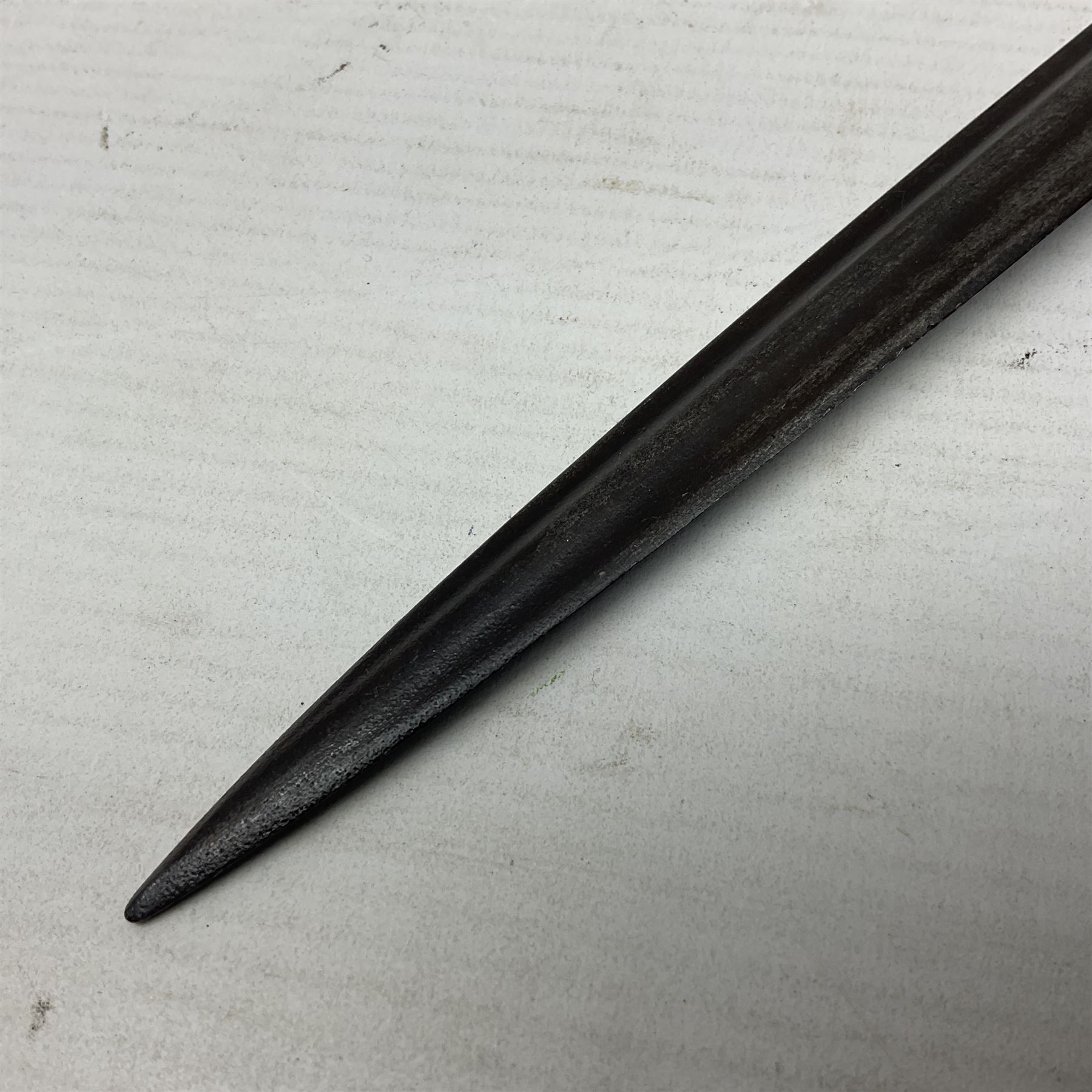 WWI Prussian S98 bayonet with 52cm fullered steel blade dated 1906 to pipeback and marked Solingen to ricasso, regimentally stamped to cross guard 56.R.11.2. for 56 Infanterie Regiment, 11 Kompanie, Waffe 2, L65cm overall; and another in battlefield relic condition (2)