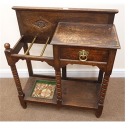  Edwardian oak hallstand, single drawer, turned supports, joined by an undertier and metal umbrella tray, W80cm, H91cm, D32cm  