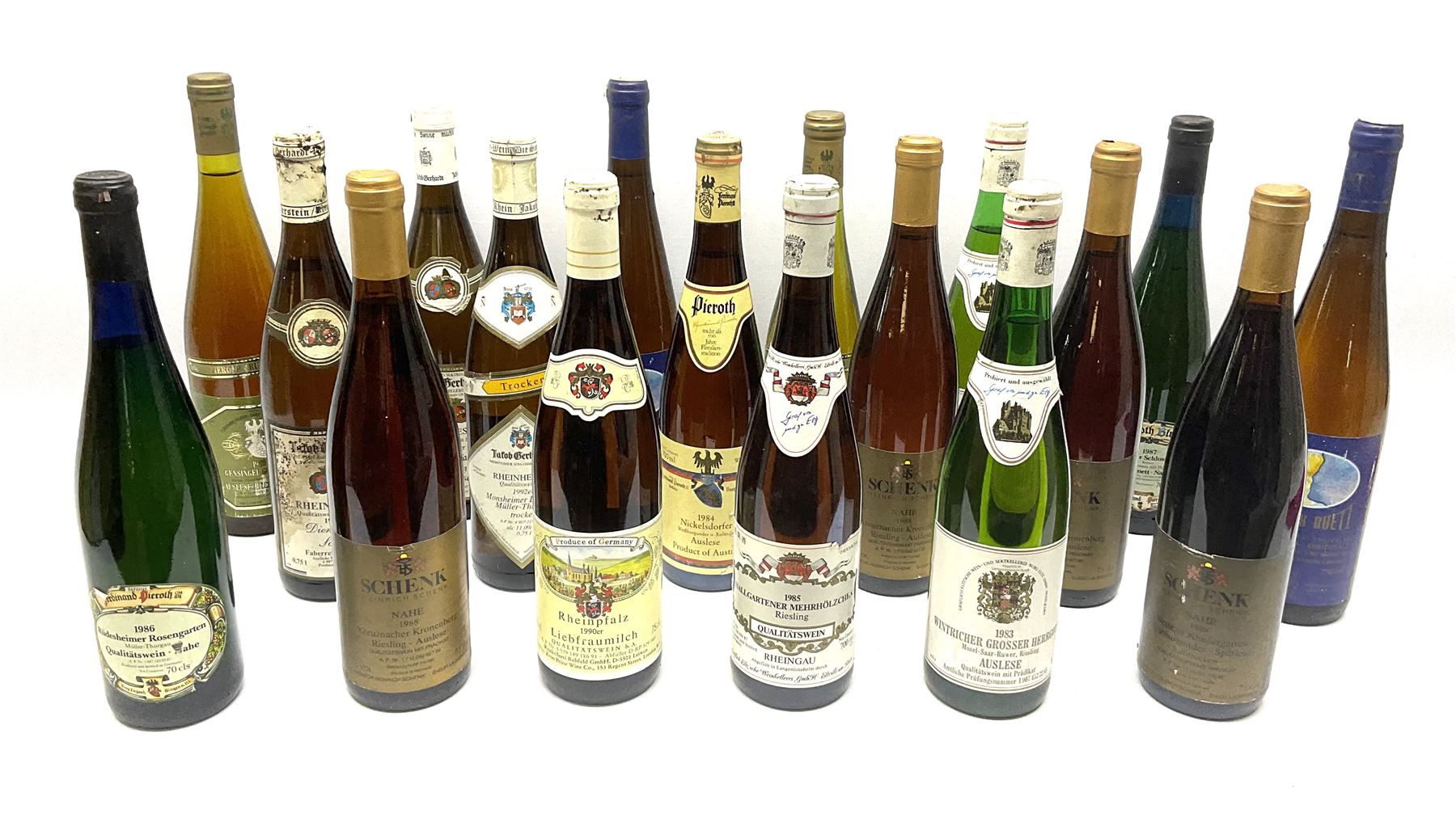 Mixed alcohol including Pieroth Grun-Gold 1983 Klusserather St. Michael Auslese 70cls, Pieroth Blue 1987 Kabinett Nahe 700ml, 7.5%vol etc, various contents and proofs, 18 bottles