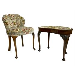 Edwardian beech dressing table chair, scallop back, upholstered in foliate patterned fabric with sprung seat, raised on cabriole supports (W50cm H73cm); and matching walnut and beech kidney shaped stool (W60 H49cm)