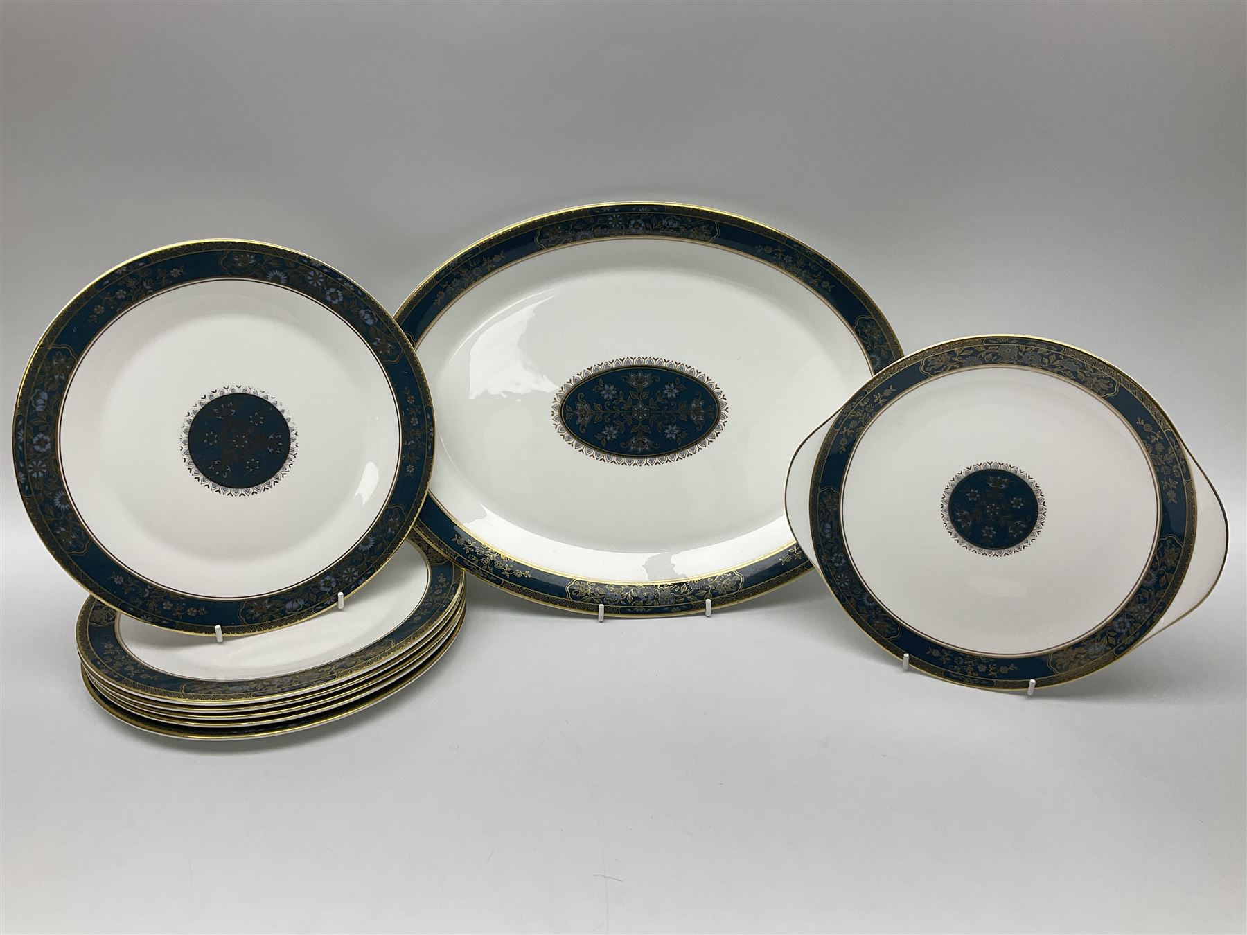 Royal Doulton Carlyle pattern tea and dinner service for six, to include teapot, coffee pot, teacups and saucers, coffee cups and saucers, milk jug, open sucrier, dinner plates, side plates, bowls, soup bowls, to covered dishes etc (64) 