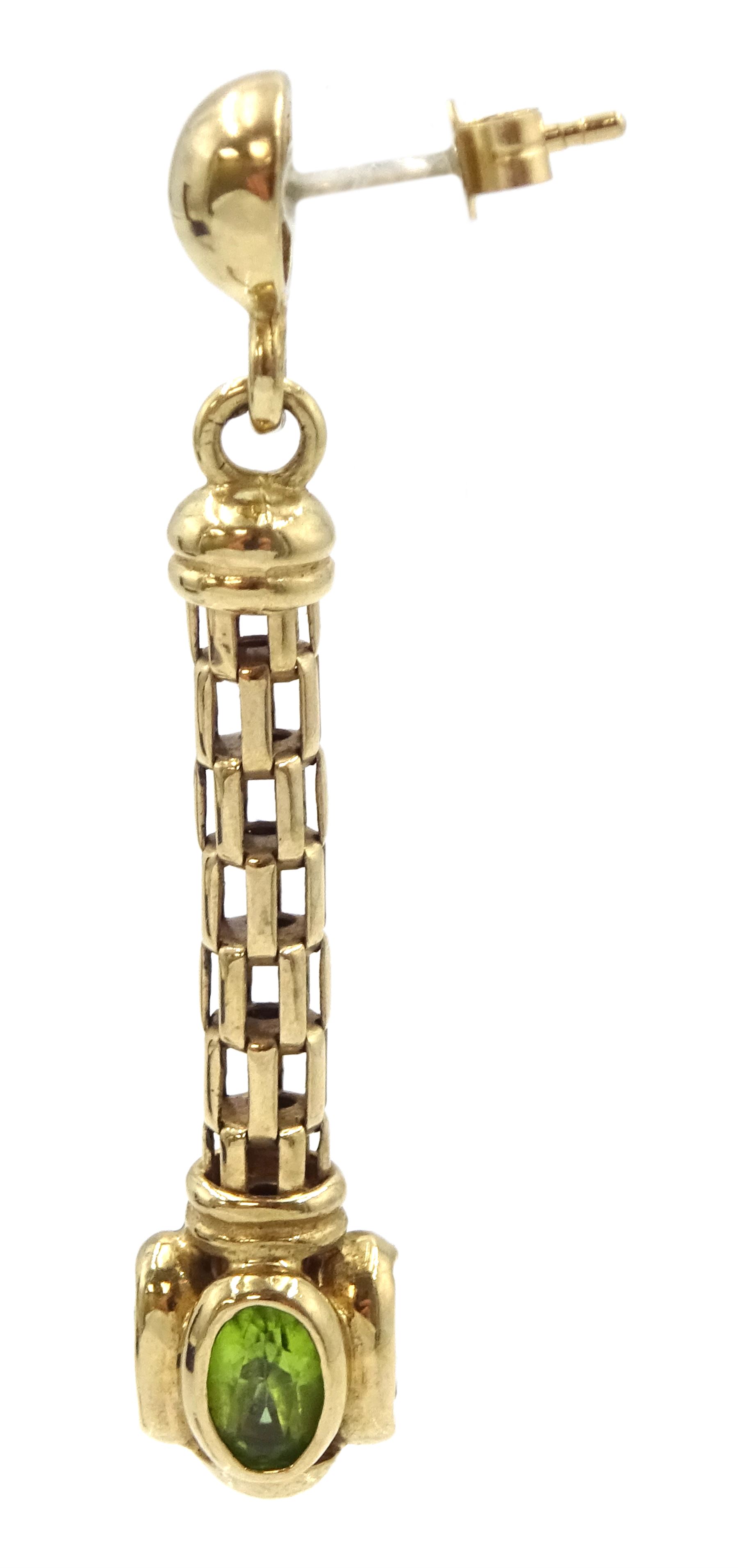 Pair of 9ct gold garnet, peridot and topaz pendant stud earrings, hallmarked 