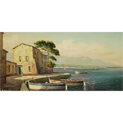G Guerbuert (Continental 20th century): Mediterranean Quayside, oil on canvas indistinctly signed 38cm x 78cm
