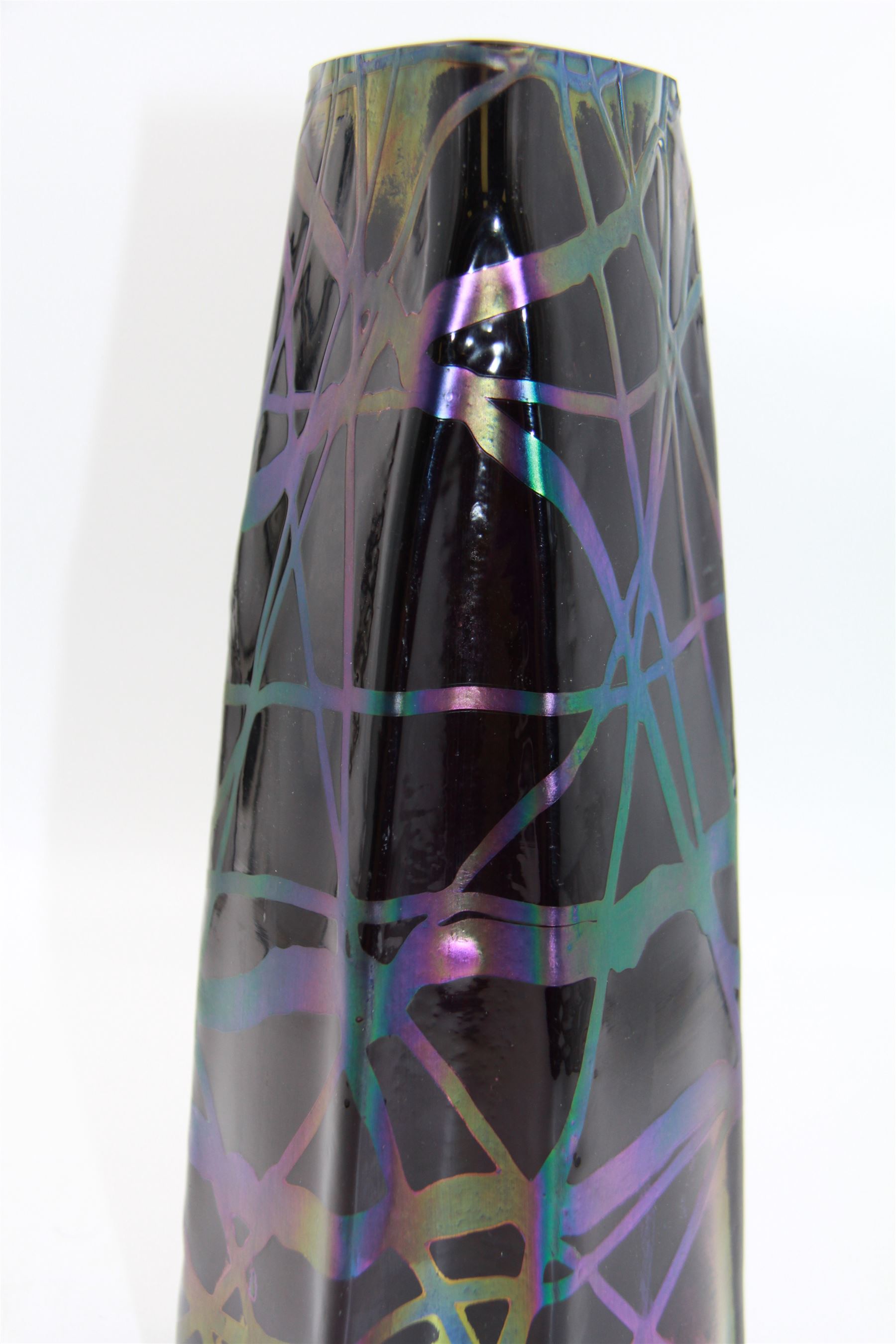 Austrian Art Nouveau Pallme-Konig vase, the tapering triangluar iridescent black glass body with irregular matt thread decoration, H26cm