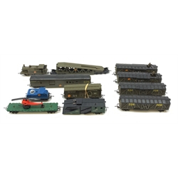 Tri-ang/Hornby '00' gauge - Battle Space Class 3F Jinty 0-6-0 tank locomotive in khaki; two POW cars; two Sniper cars; Exploding car; Helicopter car; Command car; Plane Launching car; Radar Tracking car; etc, all unboxed (11)