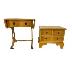 Miniature yew wood chest, fitted with three drawers; and miniature Georgian design yew writing table