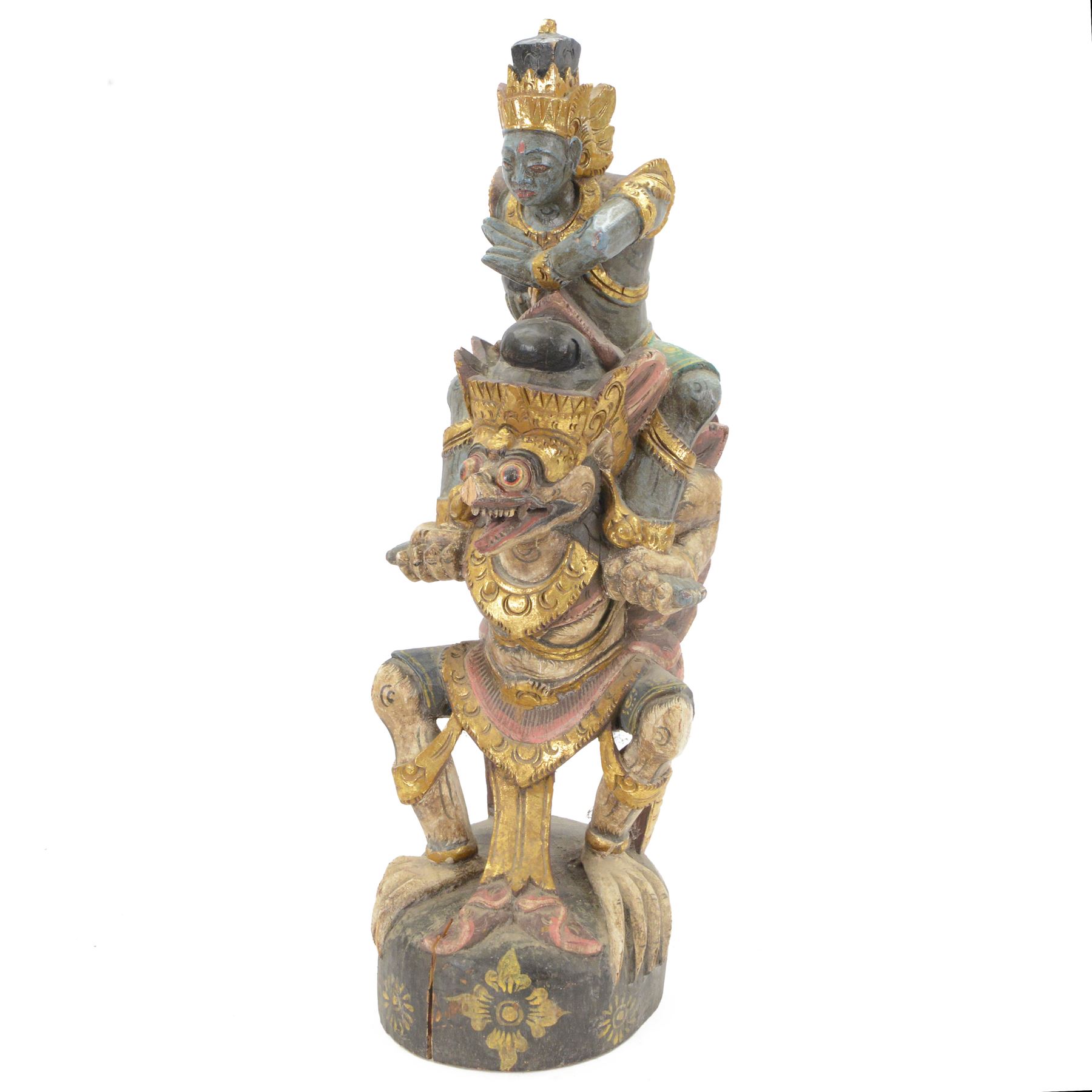 Hindu wooded sculpture depicting Vishnu riding on the shoulders of Garuda, H80cm