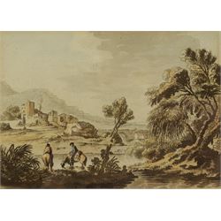 Paul Sandby (British 1725-1809): Horse-Mounted Figures in an Italianate Capriccio Landscape, watercolour unsigned, inscribed on the mount 12cm x 17cm
Provenance: from the Reverend William Gilpin (1742-1804) collection
