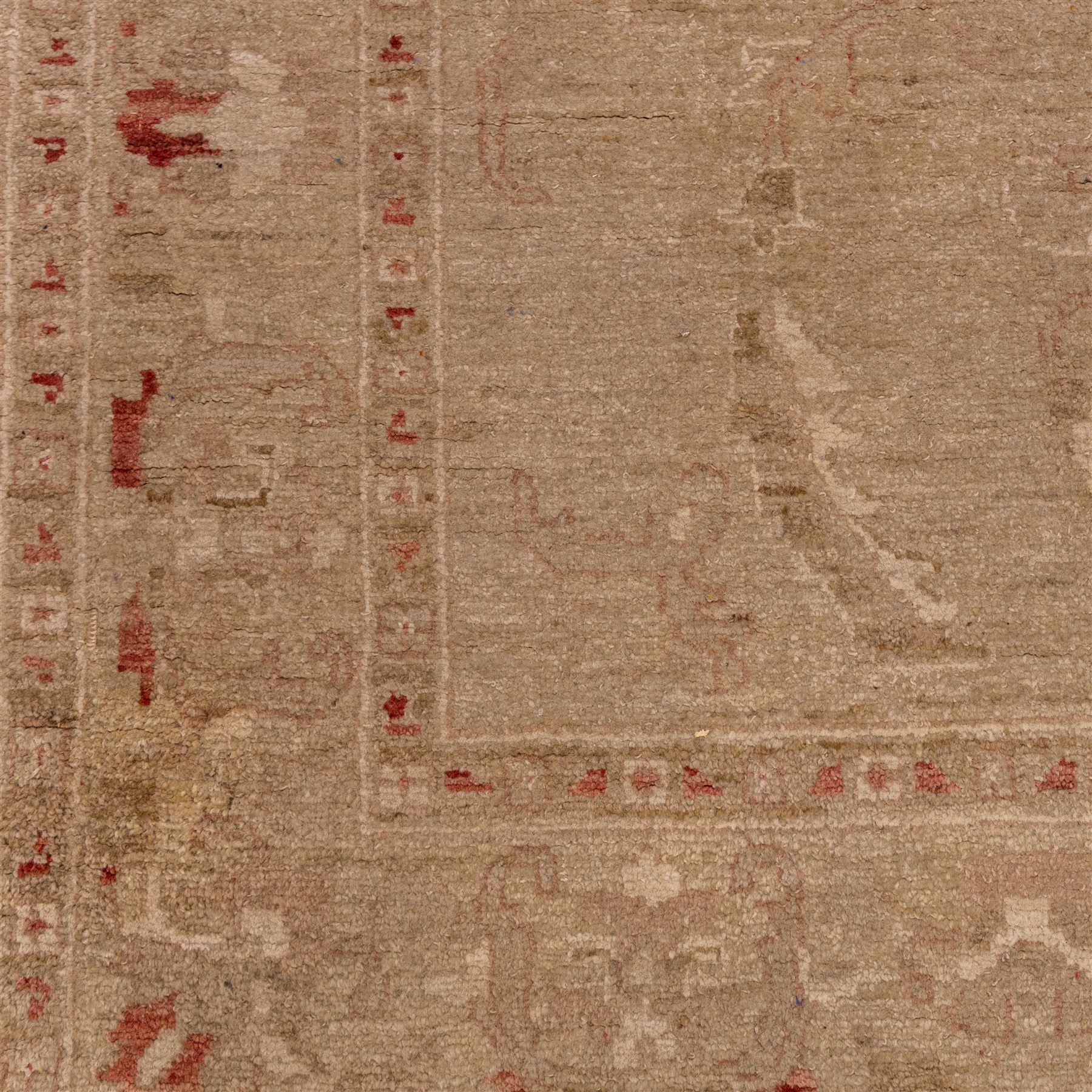 Afghan Ziegler hand-knotted carpet, soft ivory field woven with an elegant arrangement of scrolling vines and stylized palmettes with a central medallion, palette in muted tones of beige, terracotta, and blush pink, within a broad complementary border of angular floral devices and reciprocal guard stripes, fringe ends