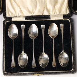 Set of six silver coffee spoons Birmingham 1933 , another set with bright cut stems and set of six silver handled pastry knives, all cased