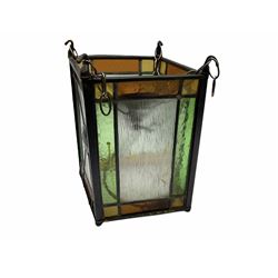 Arts and Crafts style leaded glass lantern, with clear and stained geometric glass panels, lantern H30,5cm L19cm