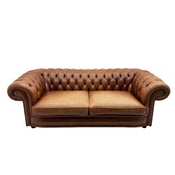 Springvale - large Chesterfield sofa, upholstered in buttoned tan leather, two cushion deep seat, turned bun feet
