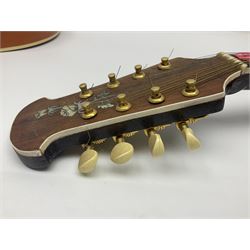 Eastern eight-string mandolin with sunburst finish and mother-of-pearl inlay L68.5cm; and another Harmony mandolin with cracked headstock (2)