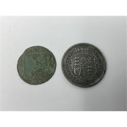 George III 1816 ‘bullhead’ sixpence, 17th Century York Mathew Hotham Draper token, and three hammered silver coins to include Henry III cut half penny (5)