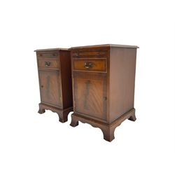 Pair of inlaid mahogany bedside cabinets, fitted with slide above drawer and cupboard