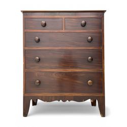 Victorian mahogany chest, rectangular top with moulded edge over two short and three long cockbeaded graduated drawers, on shaped bracket feet