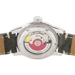 Oris Big Crown Original Pointer Date gentleman's stainless steel automatic wristwatch, Ref. 7551, Cal. 654, silvered dial with dagger and Arabic hour markers, exhibition back case and rose gold-plated bezel, on Squale grey leather strap