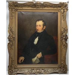 English School (19th century): 'Joseph Clegg 1810-1846' holding musical score, oil on canvas unsigned, titled on the stretcher  90cm x 70cm