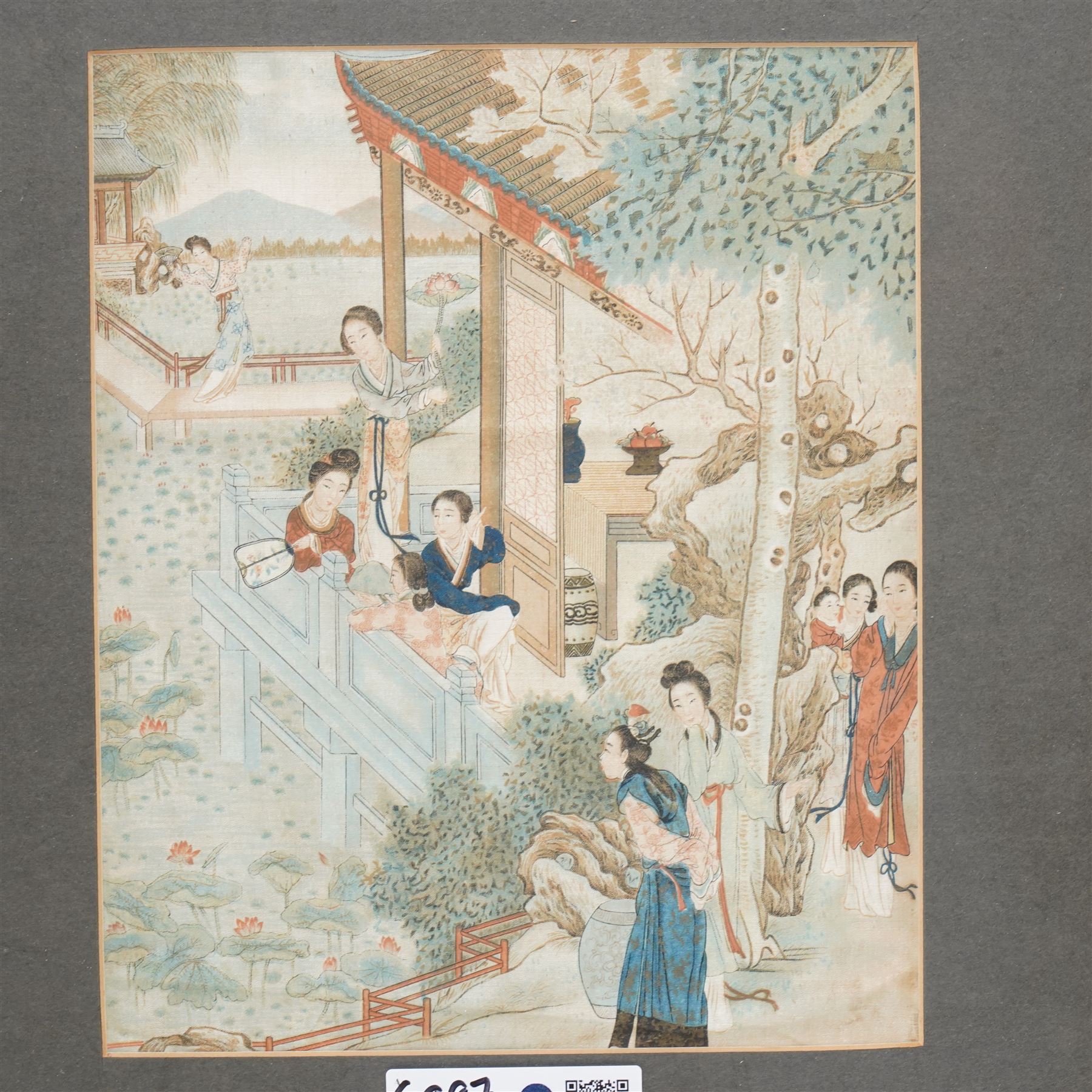 Pair of Chinese silk paintings after scenes from The Story of the Stone/Dream of the Red Chamber, 25cm x 21cm; and a Japanese woodblock print after Utagawa Kinisada, 25cm x 17cm (3)