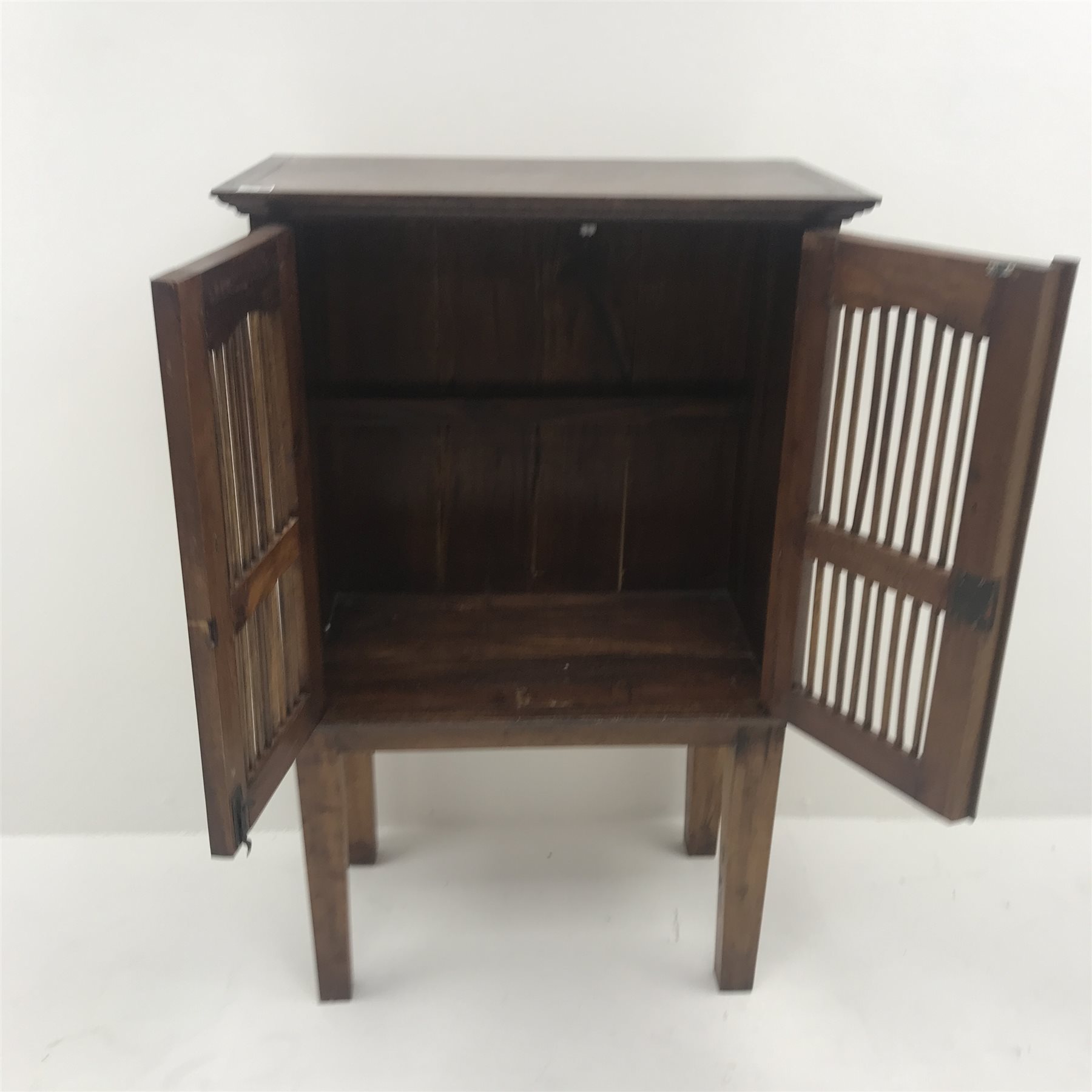 Hardwood cabinet, two doors with spindle panels, square tapering supports, W77cm, H121cm, D43cm