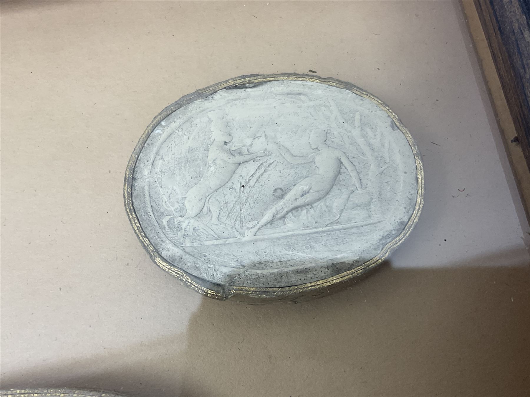 Set of six 19th century Grand Tour plaster intaglios, each depicting classical figures, frame H25cm, W19cm