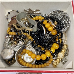 Collection of vintage and later costume jewellery and watches including amber type bead necklaces, pearl necklaces, silver stone set rings, Raymond Weil wristwatches and Swarovski bangles, silver scent spray, Victorian brass trivet, and copper mould 
