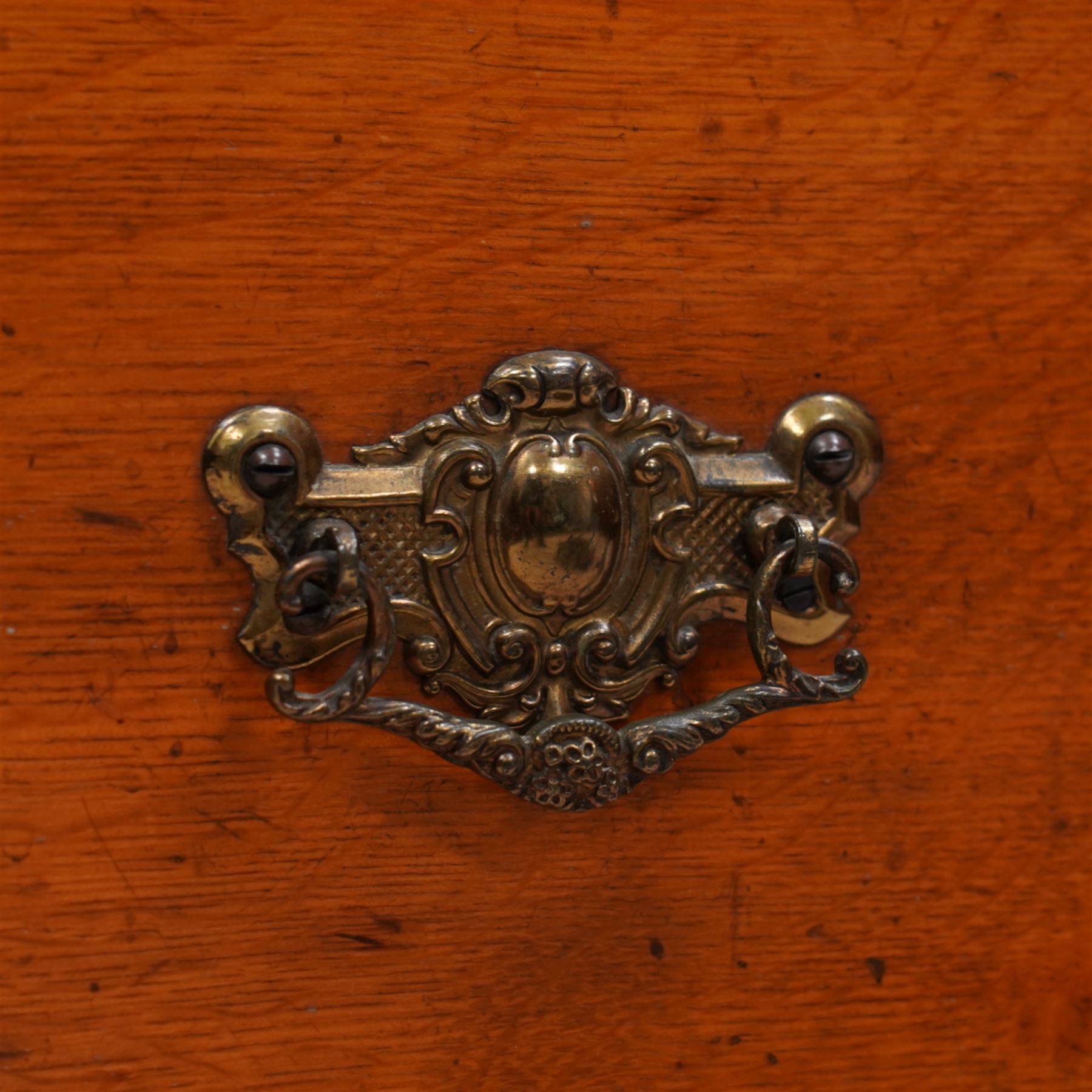 George III oak and mahogany banded house keeper's press cupboard, projecting cornice over figured mahogany frieze with Tunbridge ware pattern bands, two panelled doors enclosing shelves, fitted with two short over three long drawers, flanked by reeded columns throughout, on turned feet