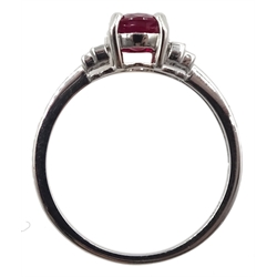 18ct white gold oval ruby and baguette diamond ring, hallmarked, ruby approx 1.00 carat