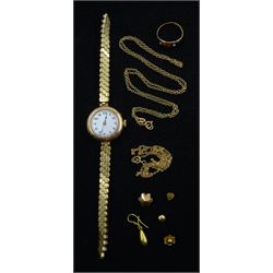 Two 9ct gold necklace chains, 9ct gold single stud earrings, Victorian 22ct and 9ct gold stone set ring and a 9ct rose gold wristwatch, on expanding gilt bracelet