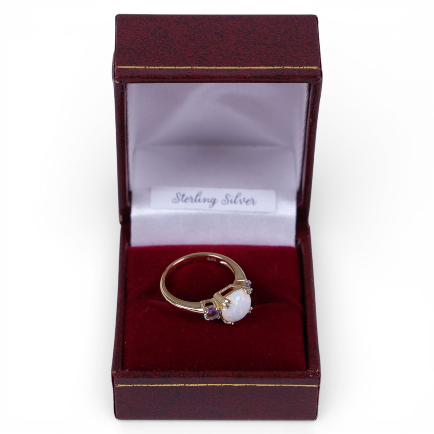 Silver-gilt opal and tanzanite ring, stamped 925, boxed