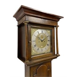 Jeremiah Henderson of Scarborough - 8-day longcase clock in an Elm case c1765,  with a flat top and broad cornice, square hood door flanked by two plain turned pilasters with gesso capitals, long trunk with a conforming door and break arch top, square brass dial with a matted centre, cast spandrels and ringed winding holes, silvered chapter ring with Roman numerals, five minute Arabic's, minute track and finely pierced matching steel hands, dial pinned to a rack striking movement with an anchor escapement. With weights and pendulum. Jeremiah Henderson was the son of Robert Henderson, the first recorded clockmaker in Scarborough. 