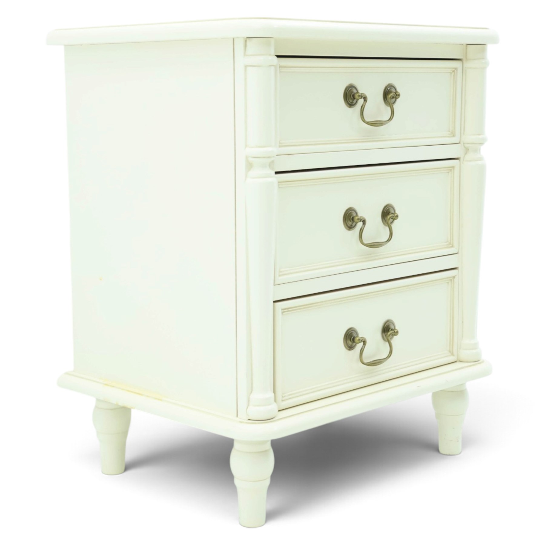 Laura Ashley - 'Clifton' bedside chest, fitted with three graduating drawers flanked by half-canted pilasters, raised on turned feet, in ivory finish
