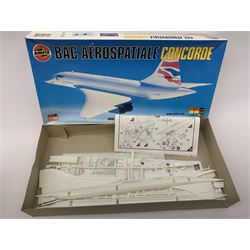 Nine assorted plastic model kits by various makers including Airfix 1/144th scale Concorde, Revell British S.E. bi-plane, Horizon Tyrannosaurus Rex, Tomy Zoids, Matchbox Sea Harrier, Italeri Harrier Falkland and three aircraft by Academy; all boxed, most in factory sealed transparent packaging (9)
