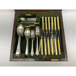 Walker and Hall silver plated canteen of cutlery, oak case, the hinged lid with a engraved brass shield , H12cm, L32cm