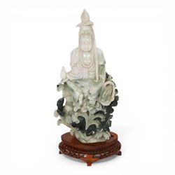 Chinese carved hardstone figure of Guanyin on wooden base, H31cm