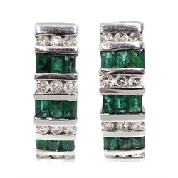  Pair of white gold, round diamond and baguette emerald hoop stud earrings, stamped 14k  
