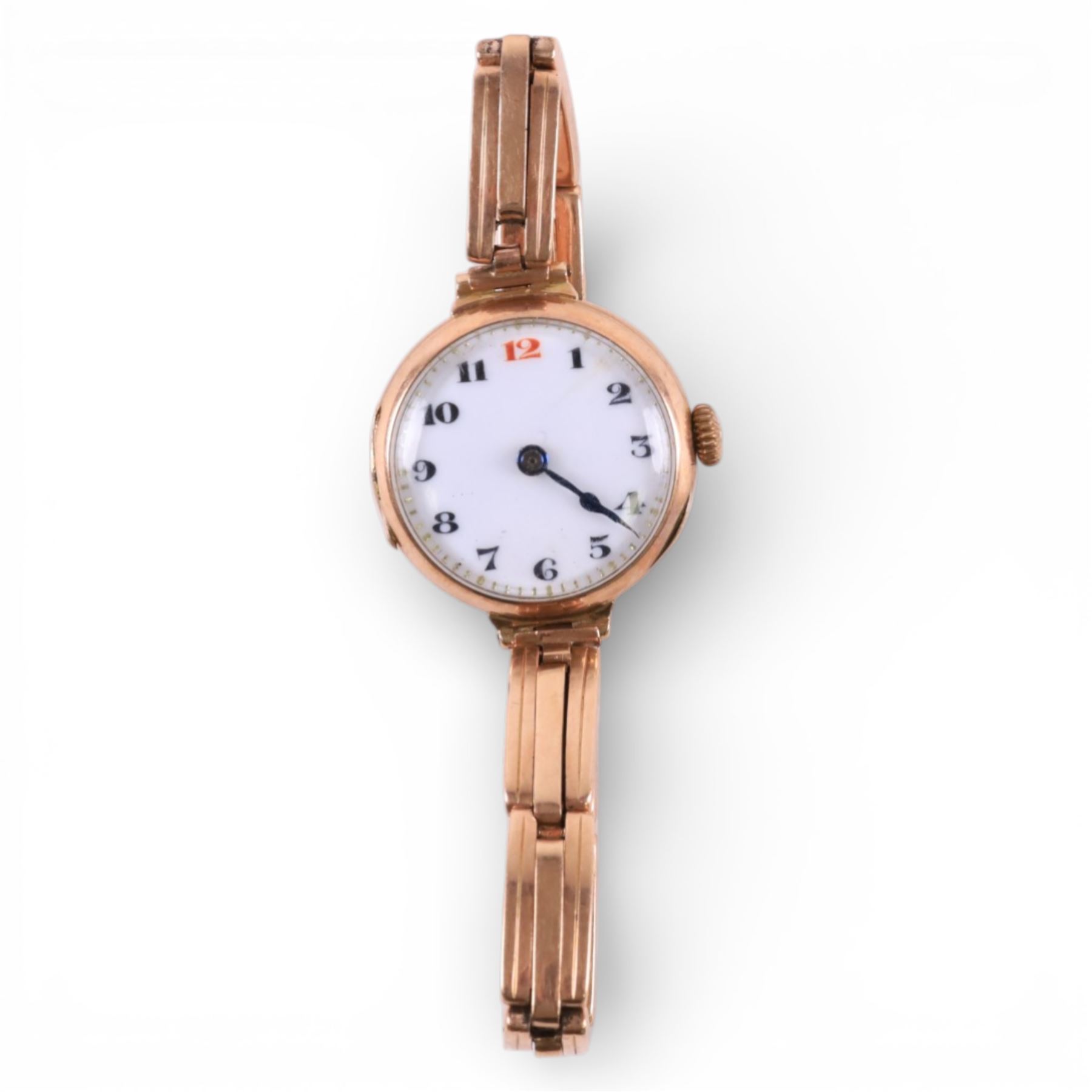 Early 20th century 9ct rose gold manual wind wristwatch, hallmarked,  on rose gold expanding bracelet, stamped 9ct