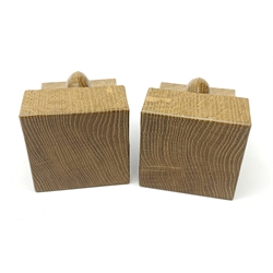 'Mouseman' pair adzed oak bookends by Robert Thompson of Kilburn, carved mouse signature to each end, H16cm